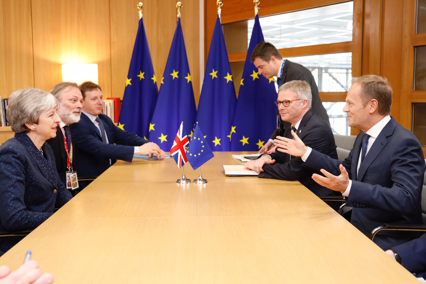Premierminister Theresa May (tv.) og Donald Tusk (th.) holdt torsdag møde om en udsættelse af brexit. Foto: Den Europæiske Union.